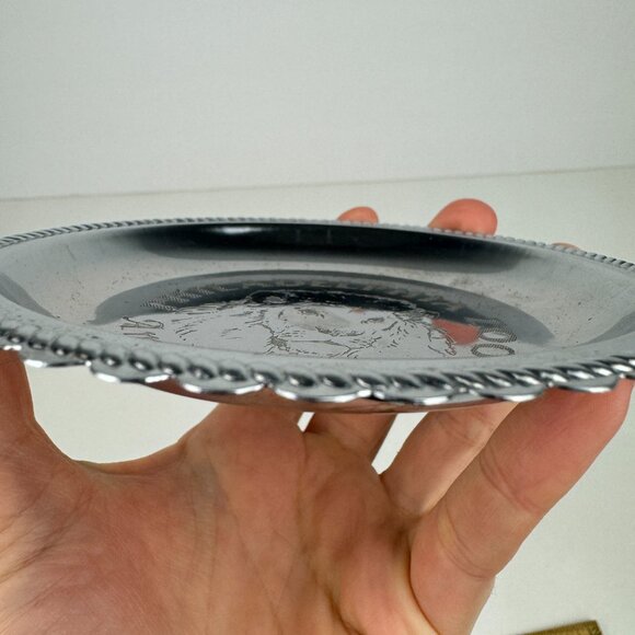 Vtg Small Round Silver Metal Philadelphia Zoo America's First Lion Etched Dish - Picture 5 of 15